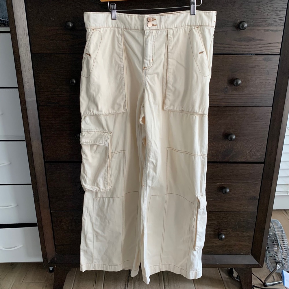BDG Urban Outfitters Cream Wide Leg Cargo Pants Contrast Stitch Women Large